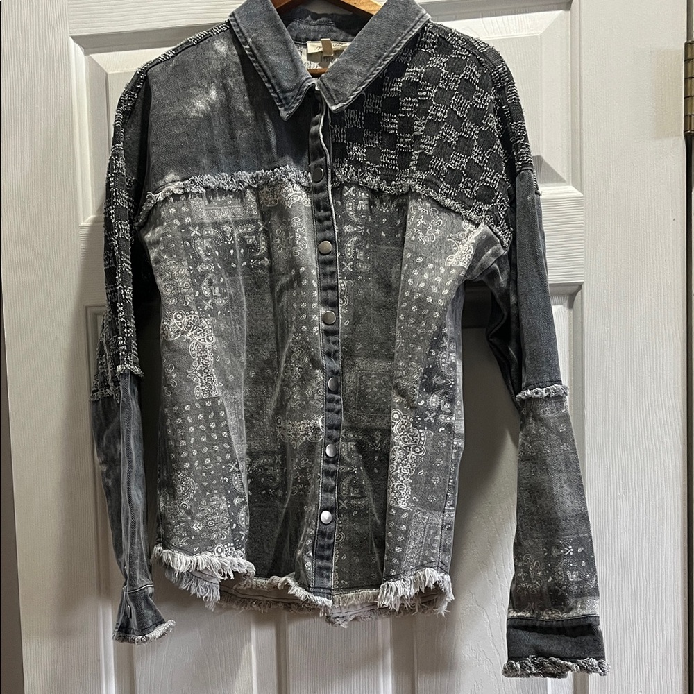 Patchwork Denim Button-Up Shirt (Shacket) distres… - image 4